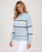 Women’s Christmas Jumper with Fair Isle Pattern and Roll Neck in Blue, upper body product focus view