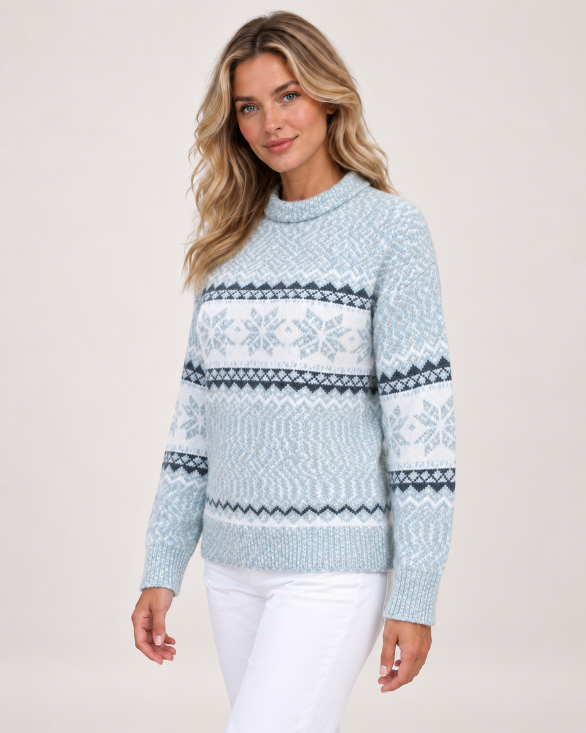 Women’s Christmas Jumper with Fair Isle Pattern and Roll Neck in Blue, upper body product focus view