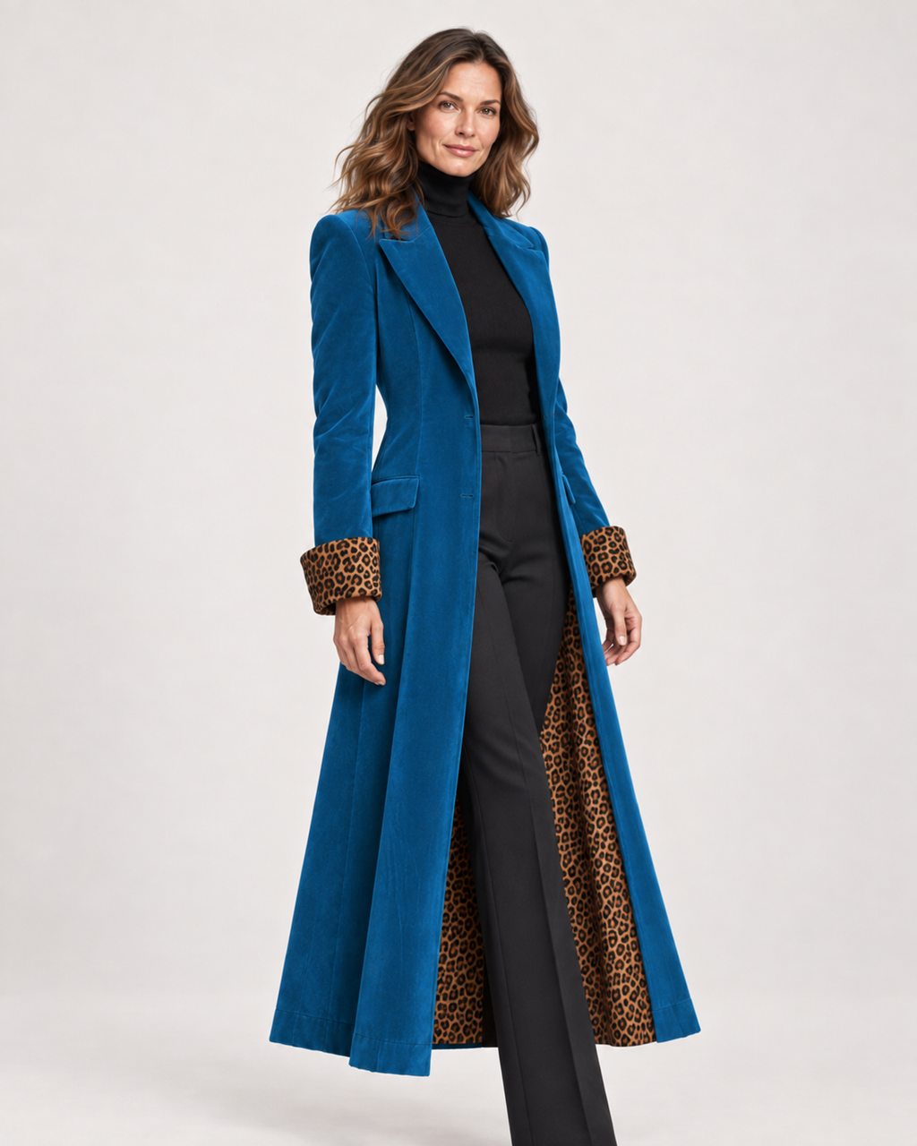 Women’s Longline Coat with Leopard Print Trim in Blue, short outerwear product focus view
