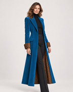 Women’s Longline Coat with Leopard Print Trim in Blue, short outerwear product focus view