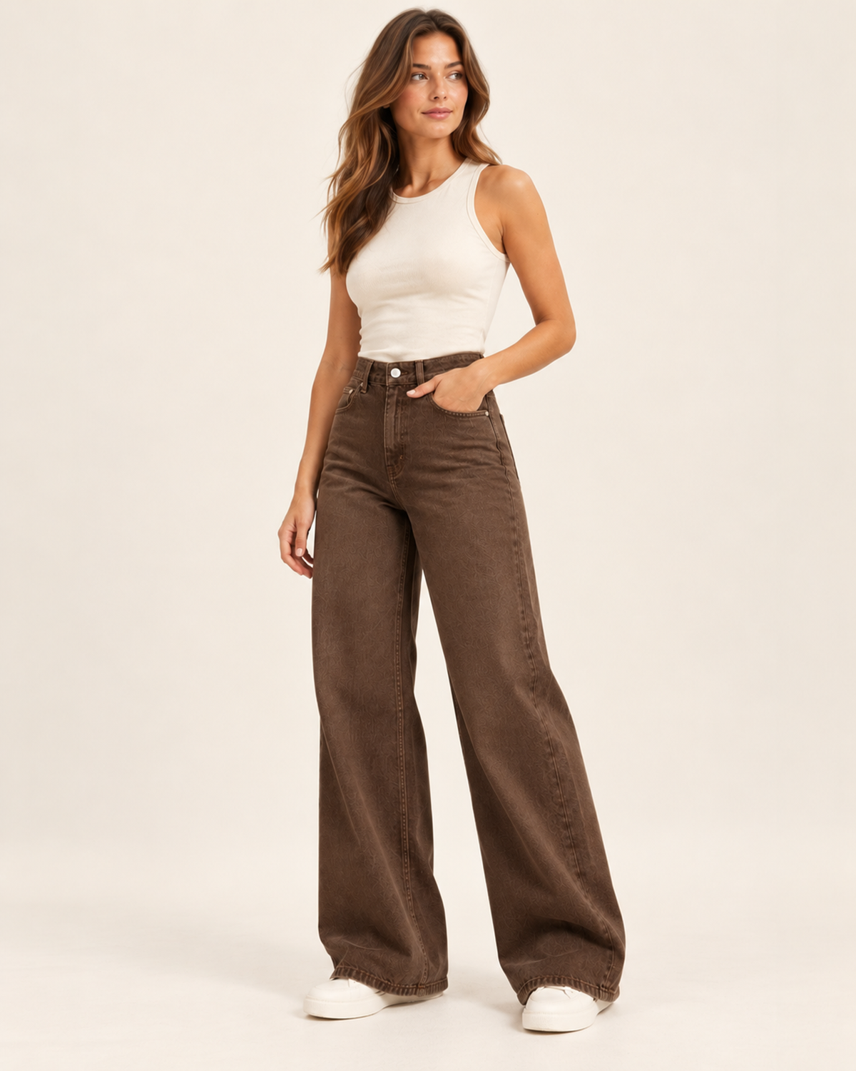 Women's brown high waist wide leg jeans three quarter view
