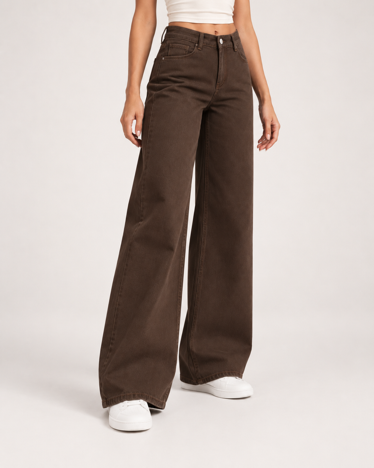 Women’s Wide Leg Jeans in Brown with High Waist in Brown, lower body product focus view
