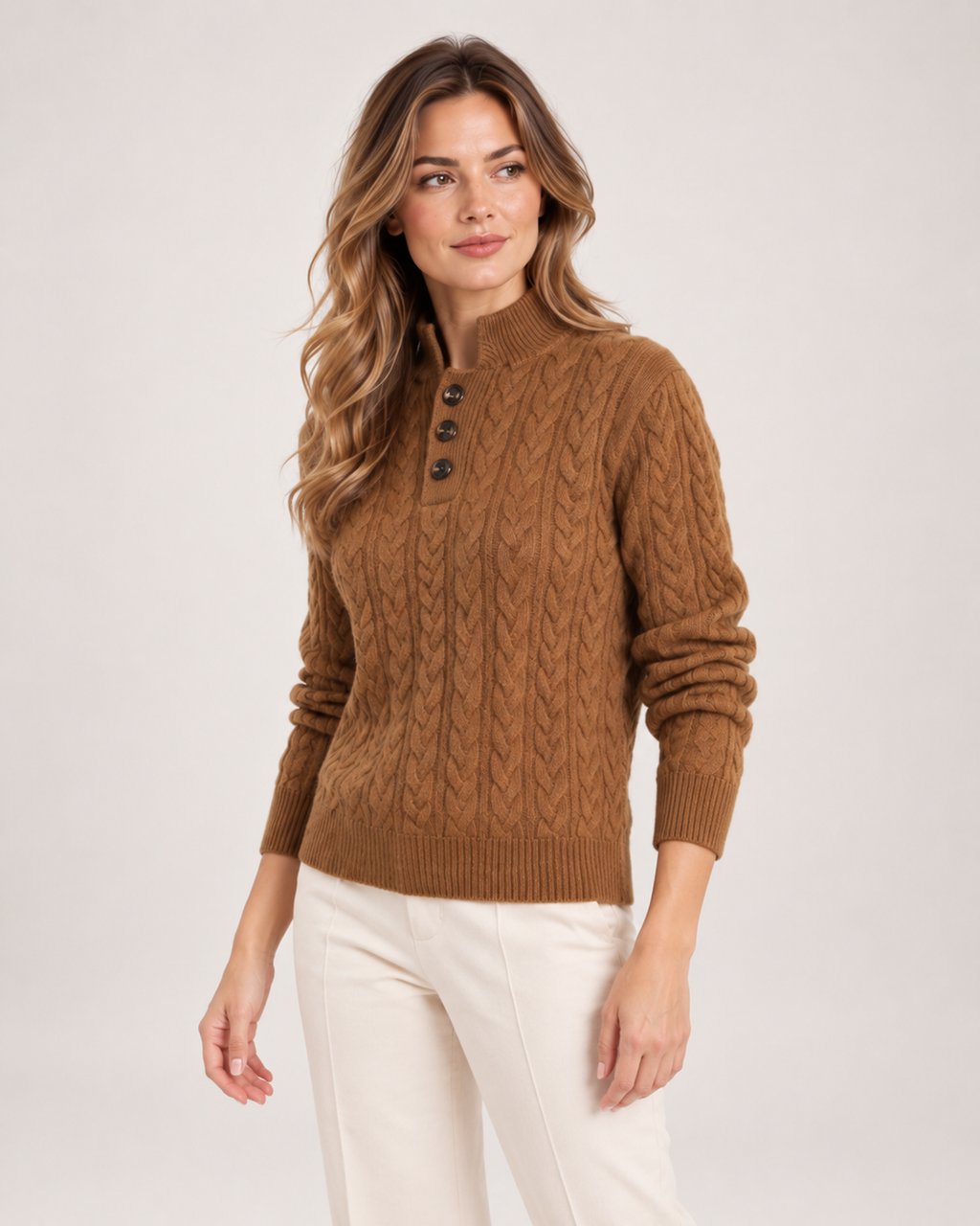 Women’s Cable Knit Jumper with Stand Collar and Button Neck in Brown, lower body product focus view