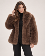 Women’s Faux Fur Jacket with Wide Collar in Brown, lower body product focus view