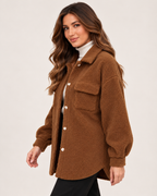 Women’s Teddy Jacket with Button Front and Chest Pockets in Brown, short outerwear product focus view