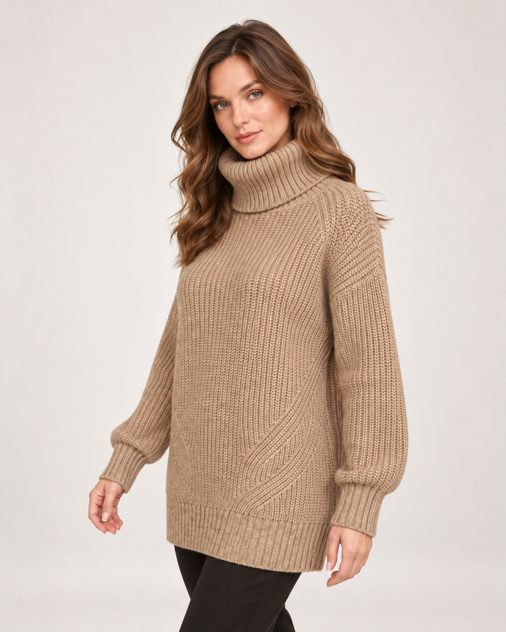 Women’s Roll Neck Jumper with Relaxed Longline Fit in Brown, upper body product focus view