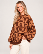 Women’s Christmas Jumper with Gingerbread Pattern in Brown, upper body product focus view