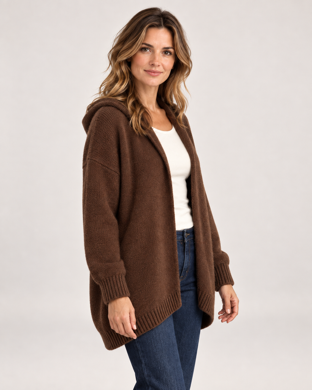Women’s Hooded Cardigan with Knitted Finish in Brown, upper body product focus view