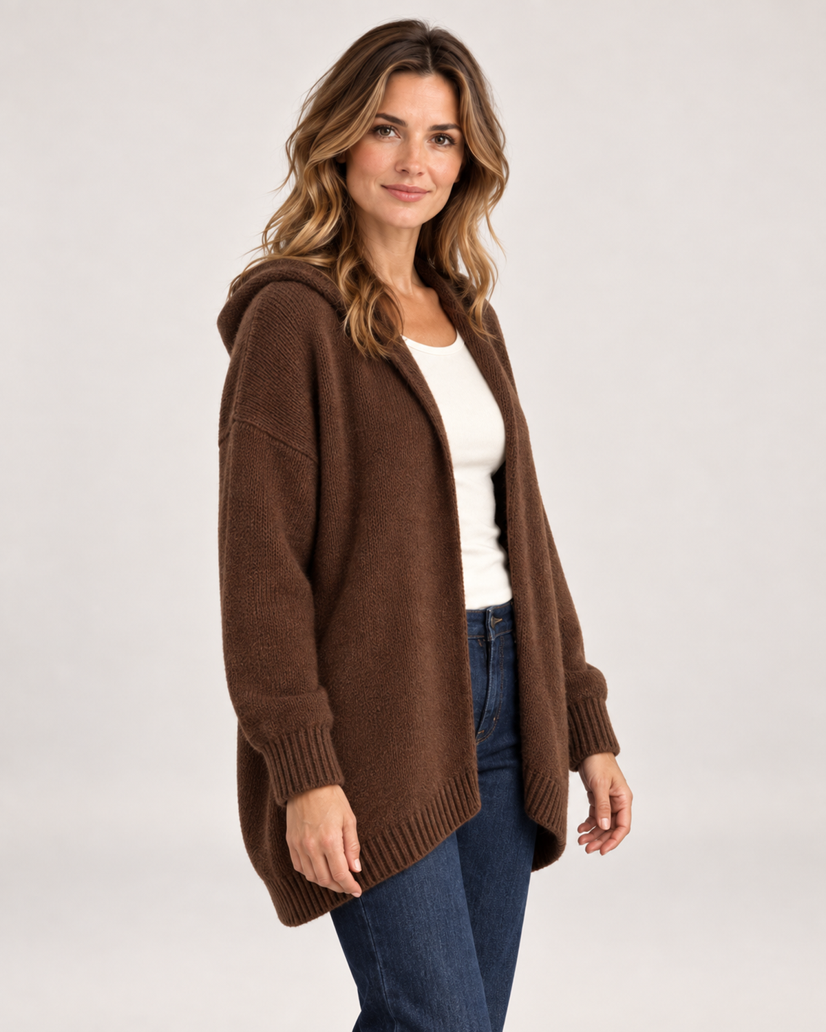 Women’s Hooded Cardigan with Knitted Finish in Brown, upper body product focus view