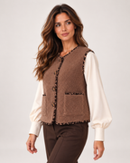 Women’s Borg Gilet with Contrast Trim and Pockets in Brown, lower body product focus view