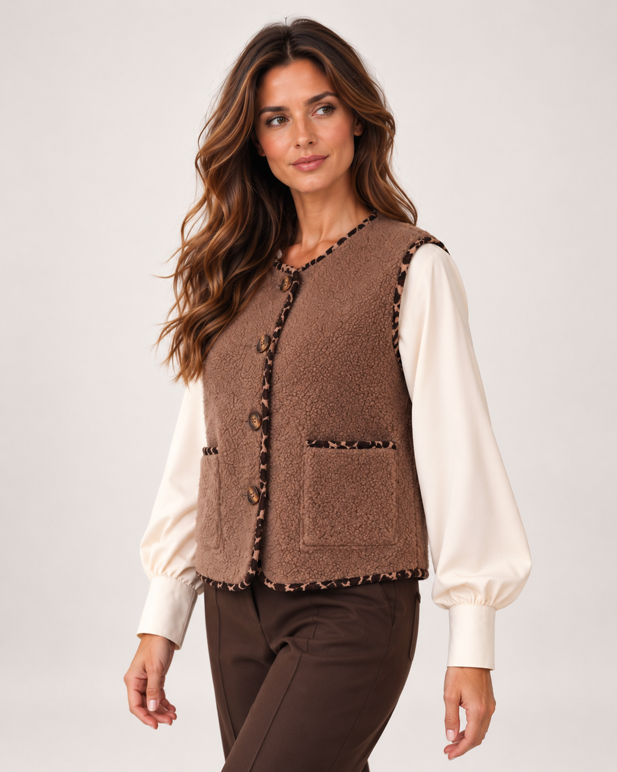 Women’s Borg Gilet with Contrast Trim and Pockets in Brown, lower body product focus view