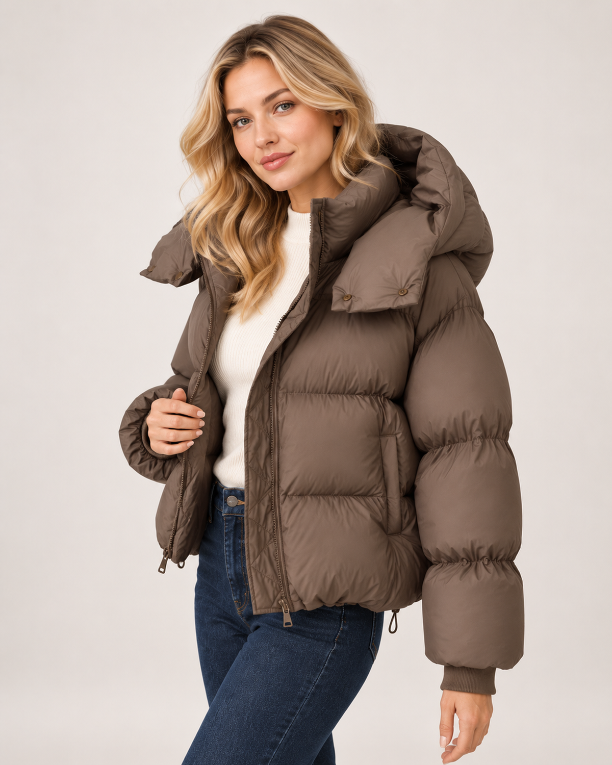 Women’s Puffer Jacket with Oversized Hood and Drawstring Hem in Brown, short outerwear product focus view
