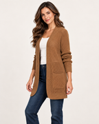 Women’s Coatigan with Open Front and Pockets in Brown, short outerwear product focus view