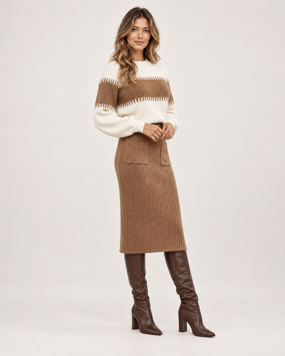 Women’s Knitted Co-Ord Set with Colour-Block Jumper and Midi Skirt in Brown, full body view