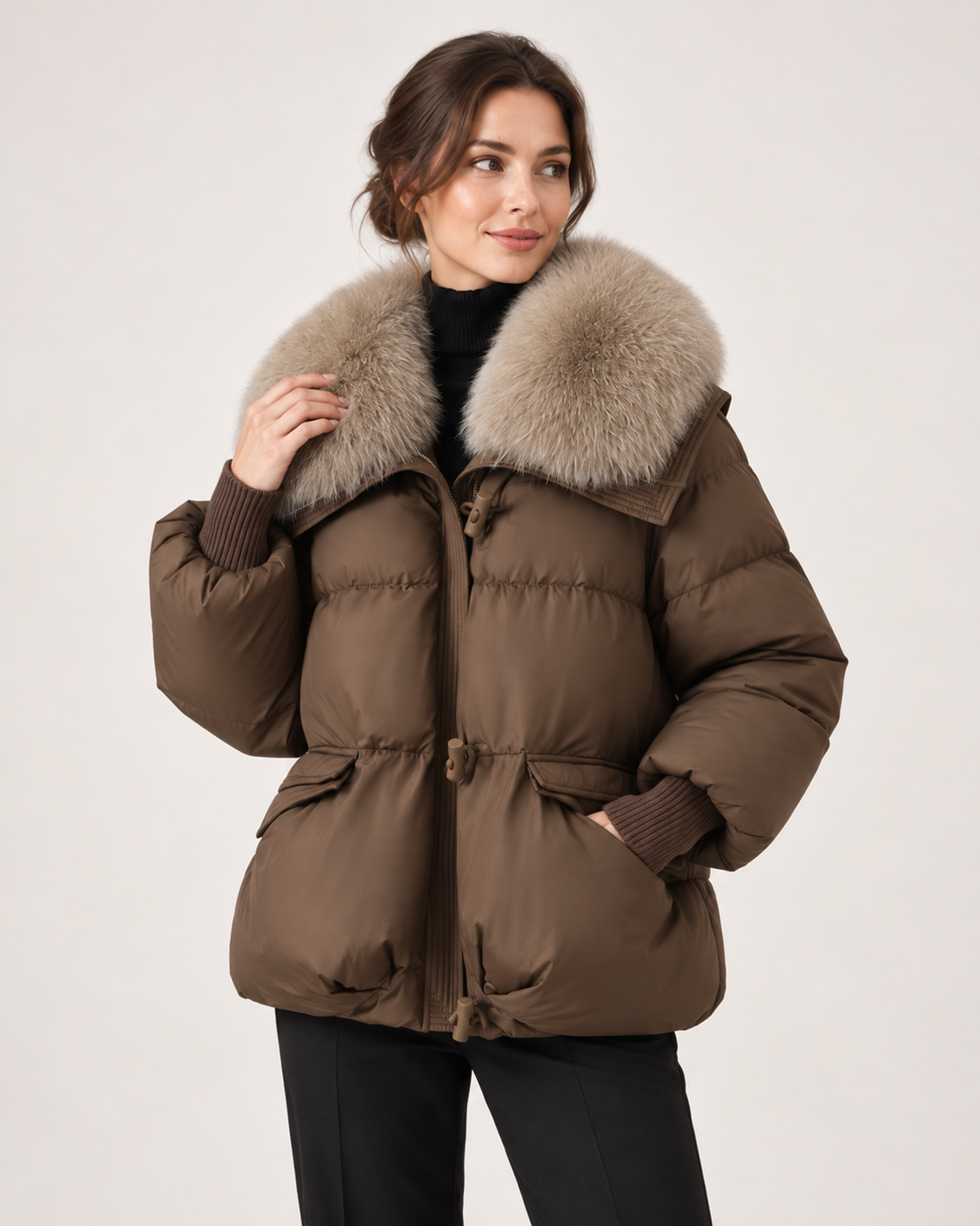 Women’s Puffer Jacket with Faux Fur Collar and Drawstring Waist in Brown, short outerwear product focus view