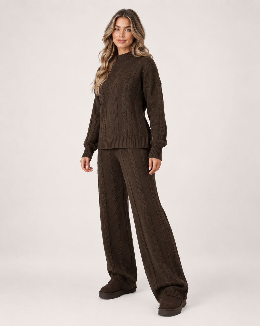 Women’s Knitted Co-Ord Set with Cable Knit Jumper and Wide Leg Trousers in Brown, lower body product focus view