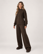 Women’s Knitted Co-Ord Set with Cable Knit Jumper and Wide Leg Trousers in Brown, lower body product focus view