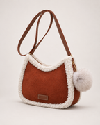Women’s Fluffy Shoulder Bag with Pom Pom Charm in Brown, product only view