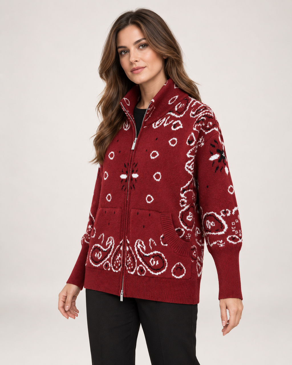 Women’s Knitted Cardigan with Zip Front and High Neck in Burgundy, upper body product focus view