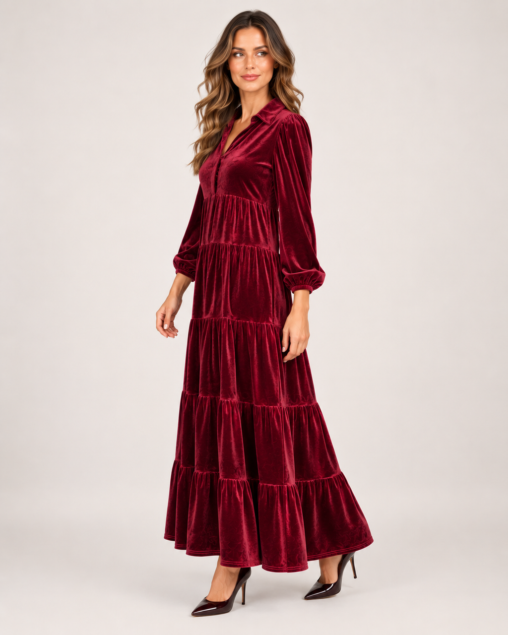 Women’s Velvet Maxi Dress with Collar and Tiered Skirt in Burgundy, lower body product focus view