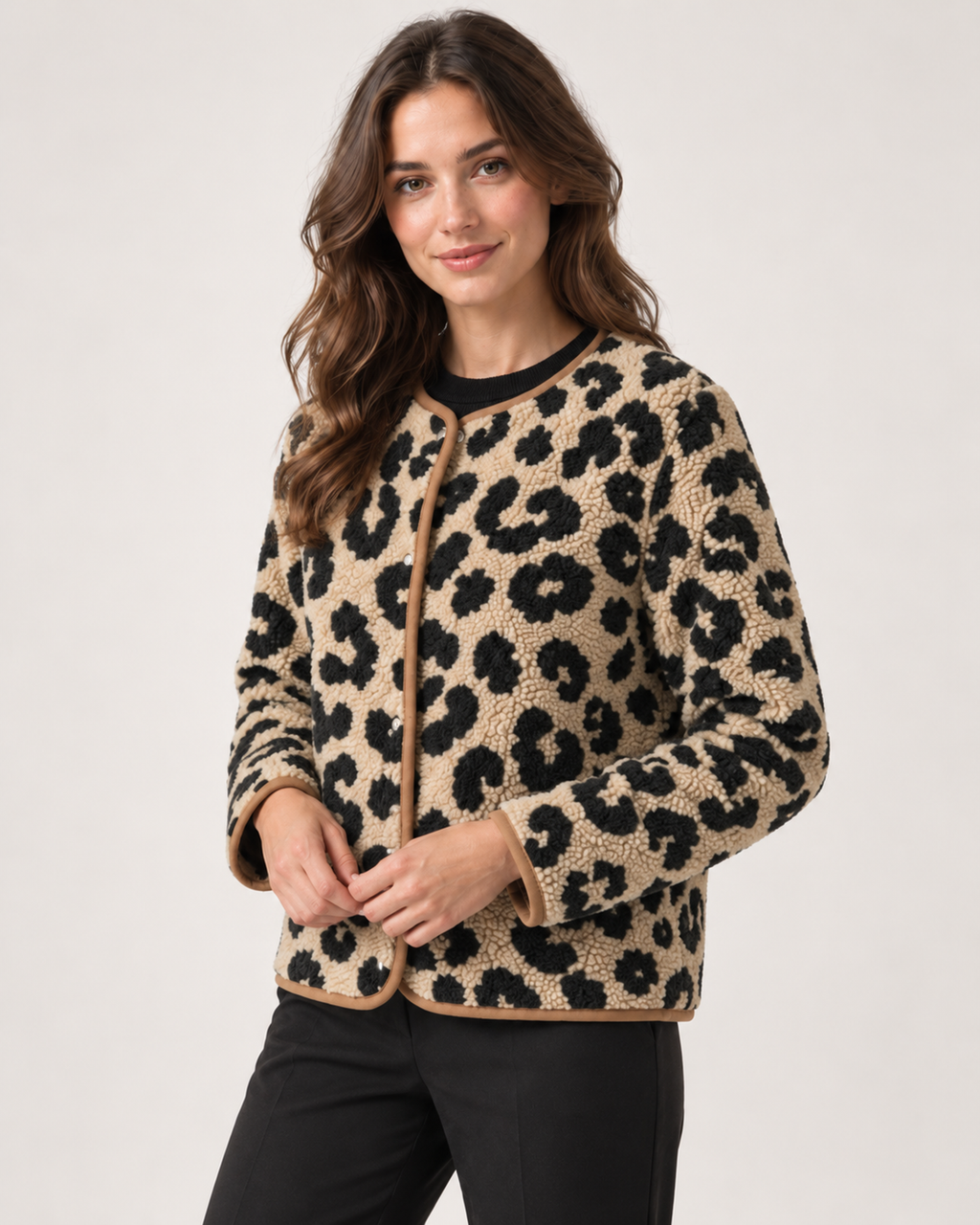 Women’s Leopard Print Jacket with Contrast Lining in Camel, short outerwear product focus view