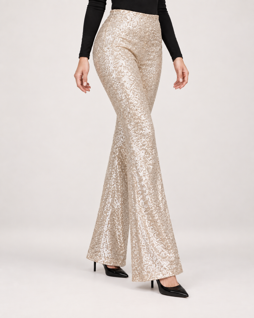 Women’s Sequin Trousers with Flared Legs in Champagne, lower body product focus view