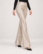 Women’s Sequin Trousers with Flared Legs in Champagne, lower body product focus view