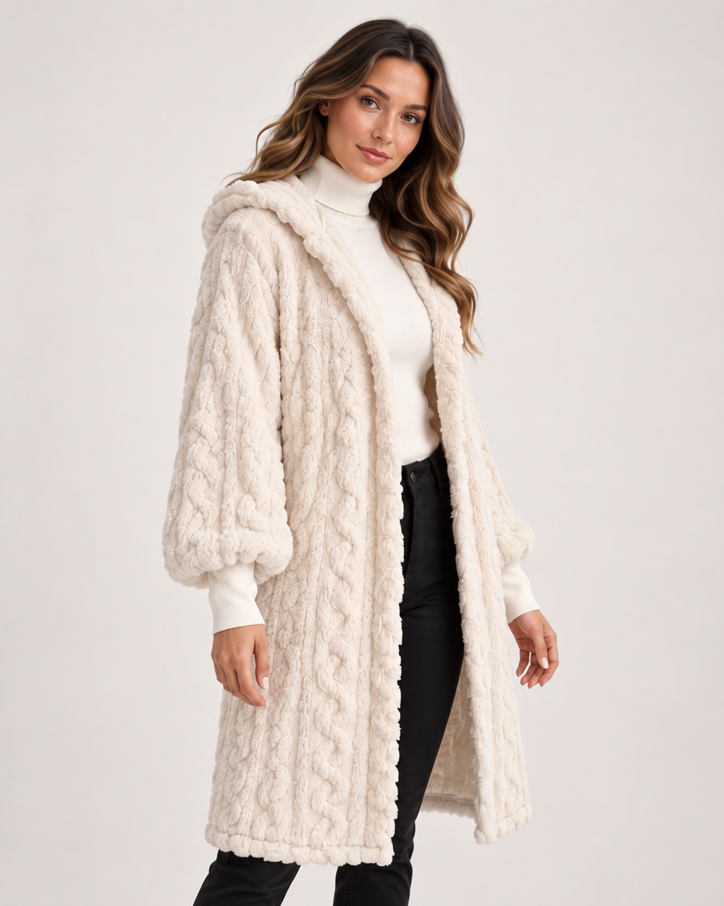 Women’s Longline Cardigan with Hood and Cable Texture in Cream, full body view