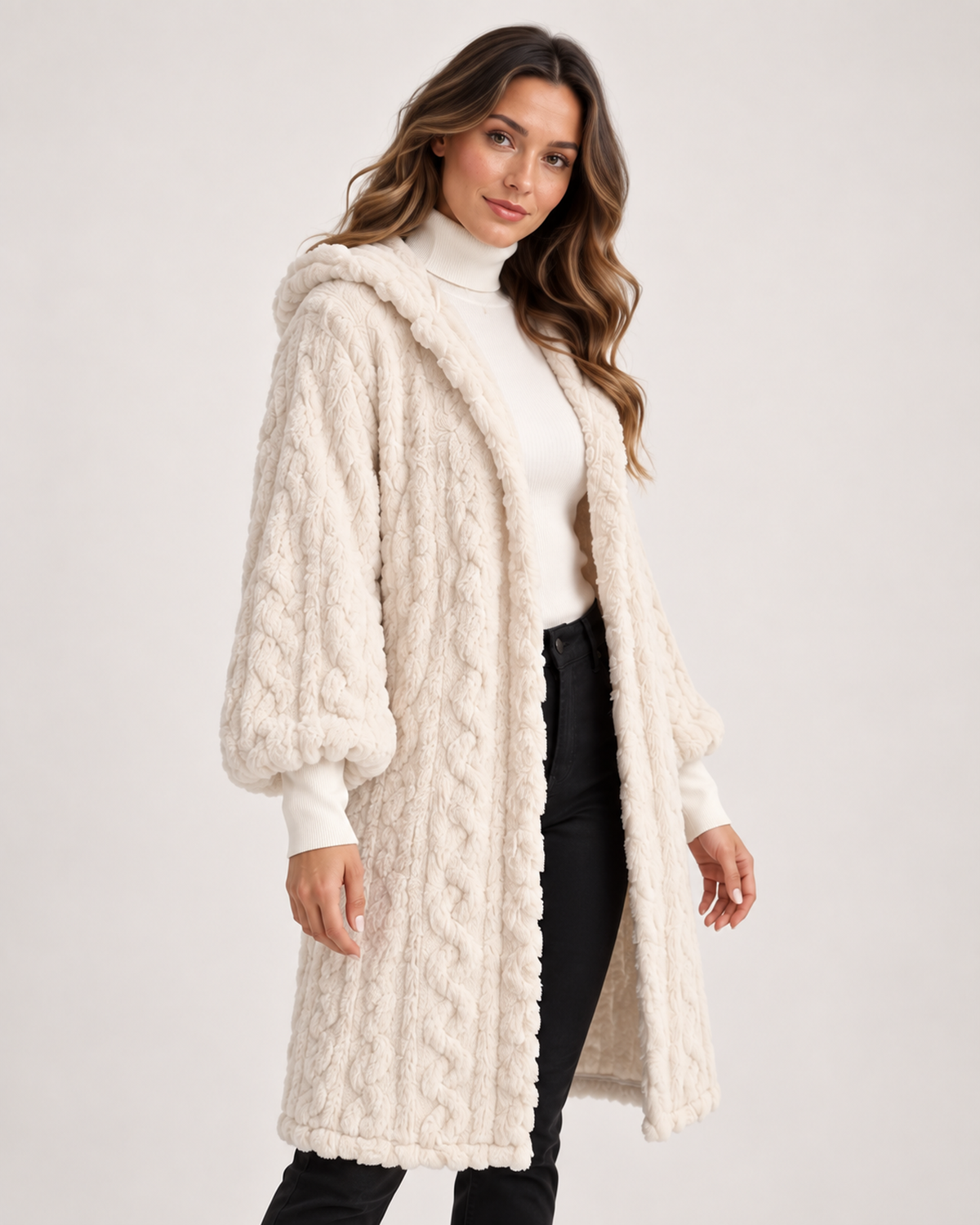 Women’s Longline Cardigan with Hood and Cable Texture in Cream, full body view