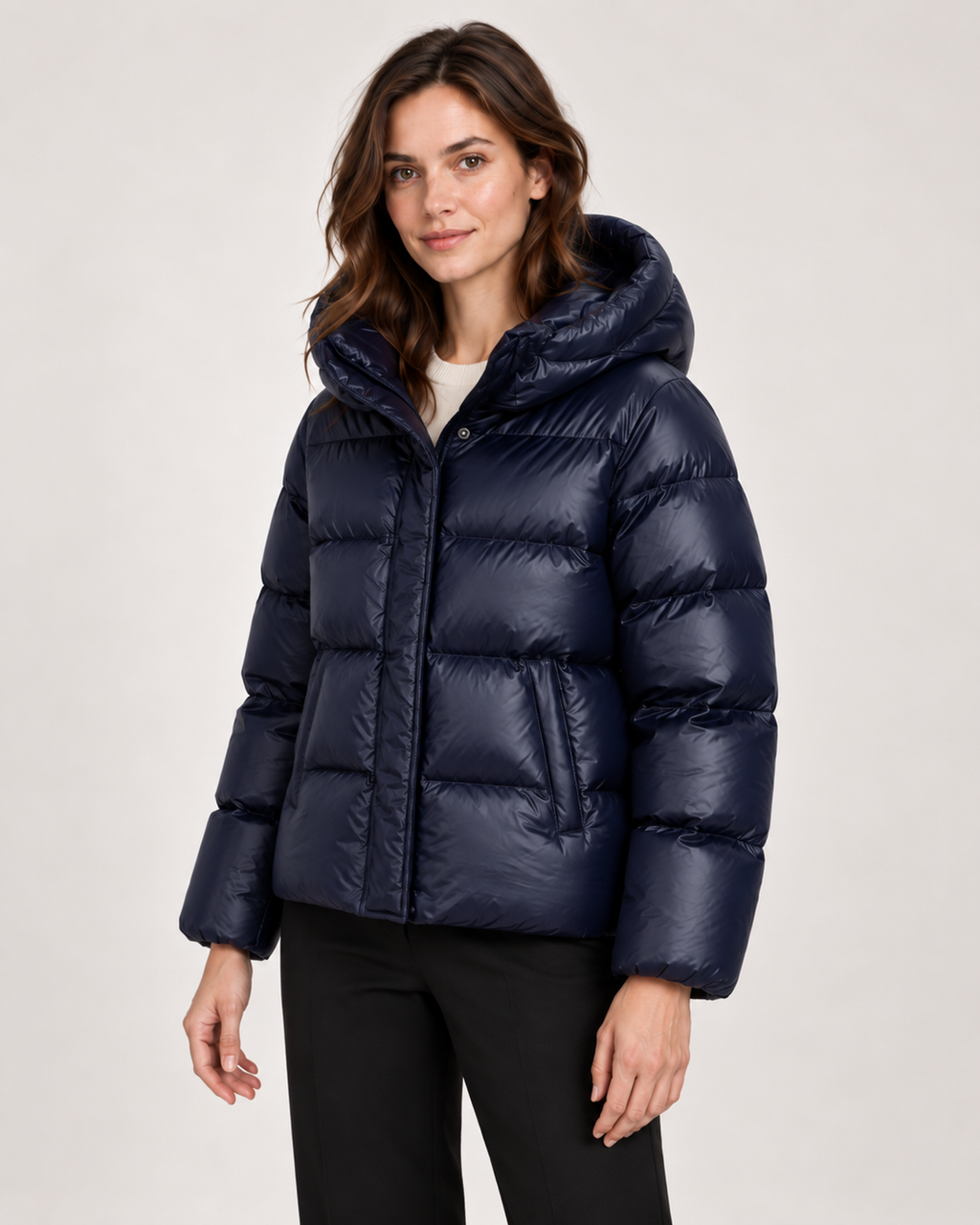 Women’s Puffer Jacket with Hood and Zip Front in Dark Blue, short outerwear product focus view