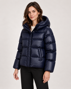 Women’s Puffer Jacket with Hood and Zip Front in Dark Blue, short outerwear product focus view