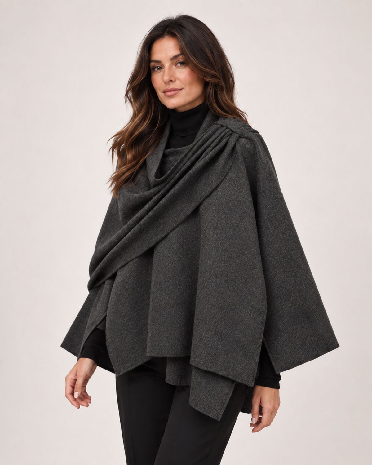 Women’s Cape Coat with Asymmetric Scarf Collar in Dark Grey, lower body product focus view