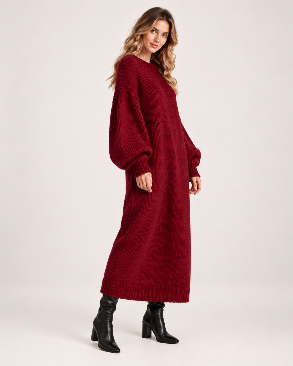 Women’s Knitted Maxi Dress with Balloon Sleeves in Dark Red, full body view