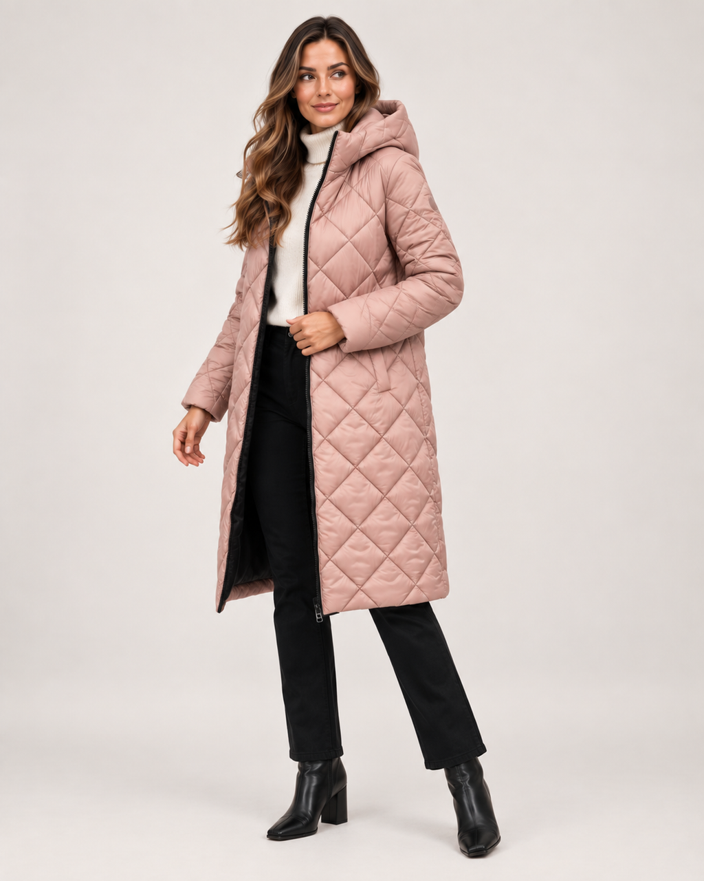 Women’s Long Puffer Jacket with Hood and Diamond Quilting in Dusty Pink, short outerwear product focus view