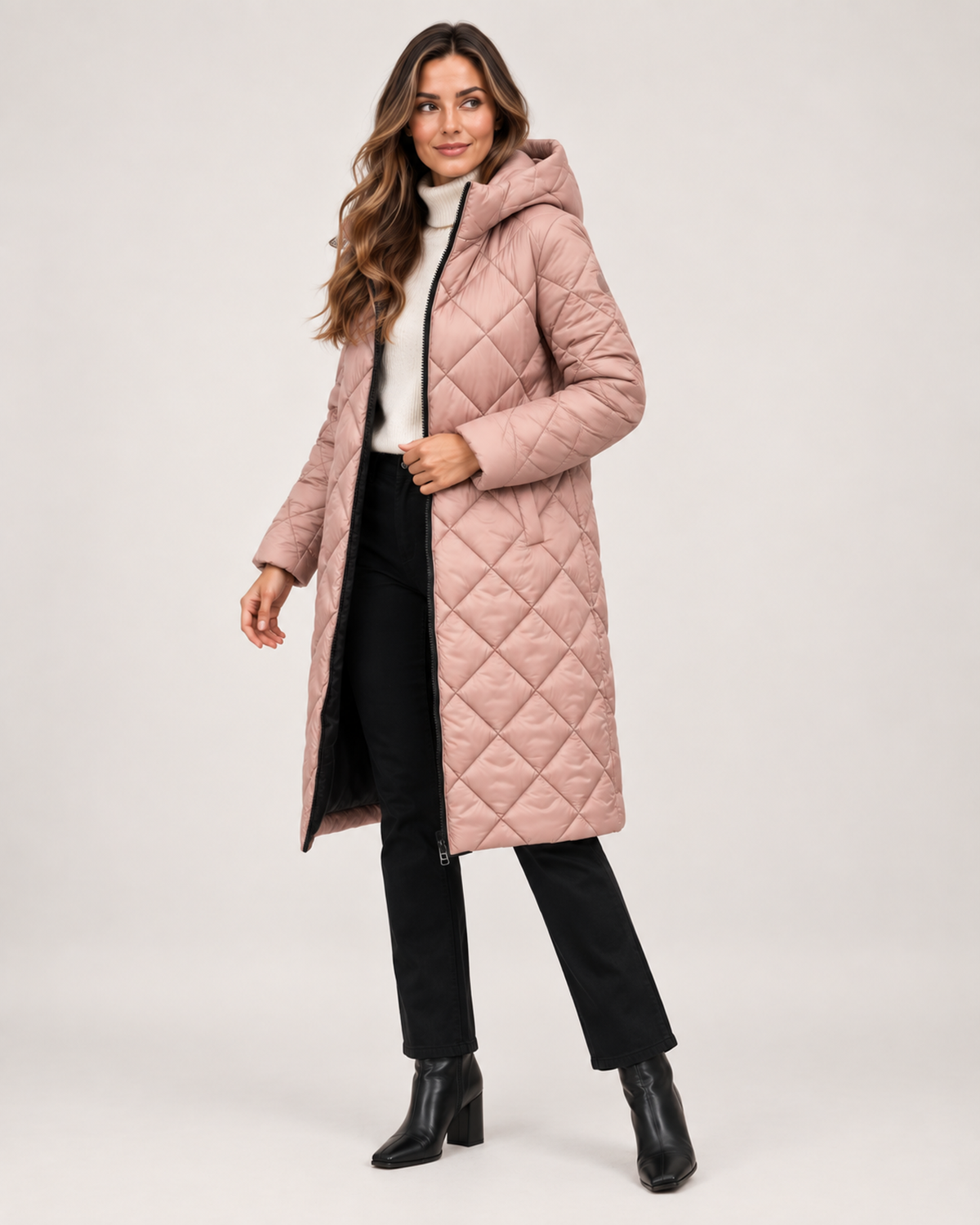 Women’s Long Puffer Jacket with Hood and Diamond Quilting in Dusty Pink, short outerwear product focus view