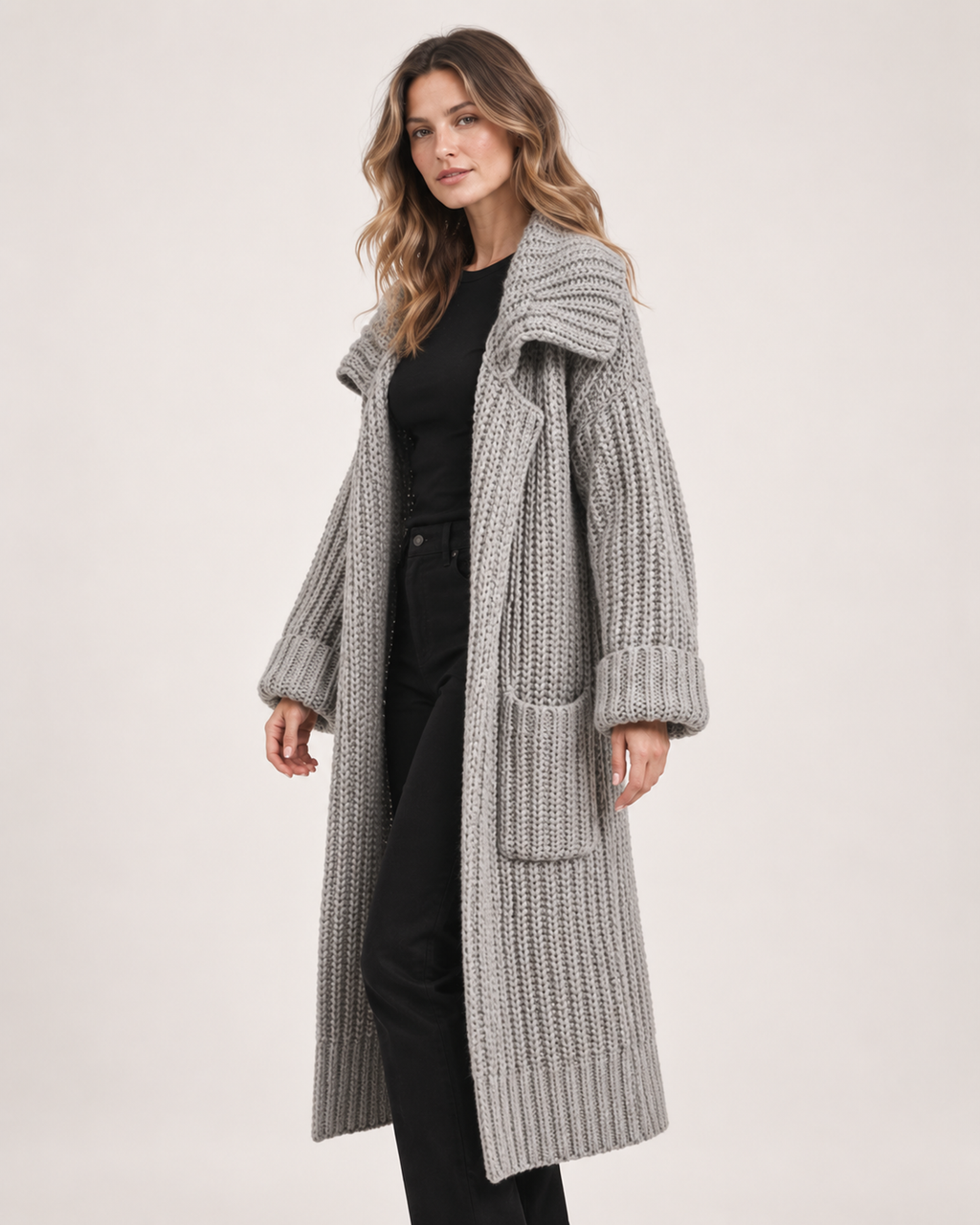 Women’s Long Cardigan with Shawl Collar in Grey, full body view