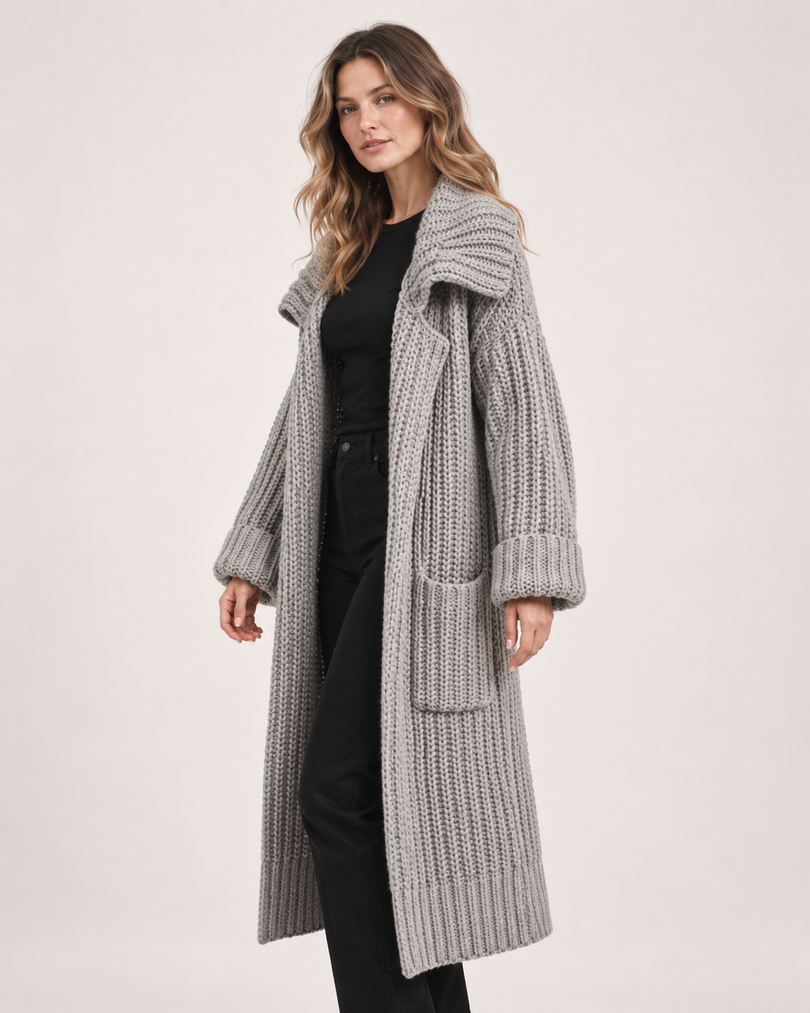 Women’s Long Cardigan with Shawl Collar in Grey, full body view