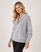 Women’s V Neck Jumper with Shawl Collar in Grey, upper body product focus view