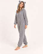 Women’s Fleece Onesie with Hood and Bear Ear Detail in Grey, full body view