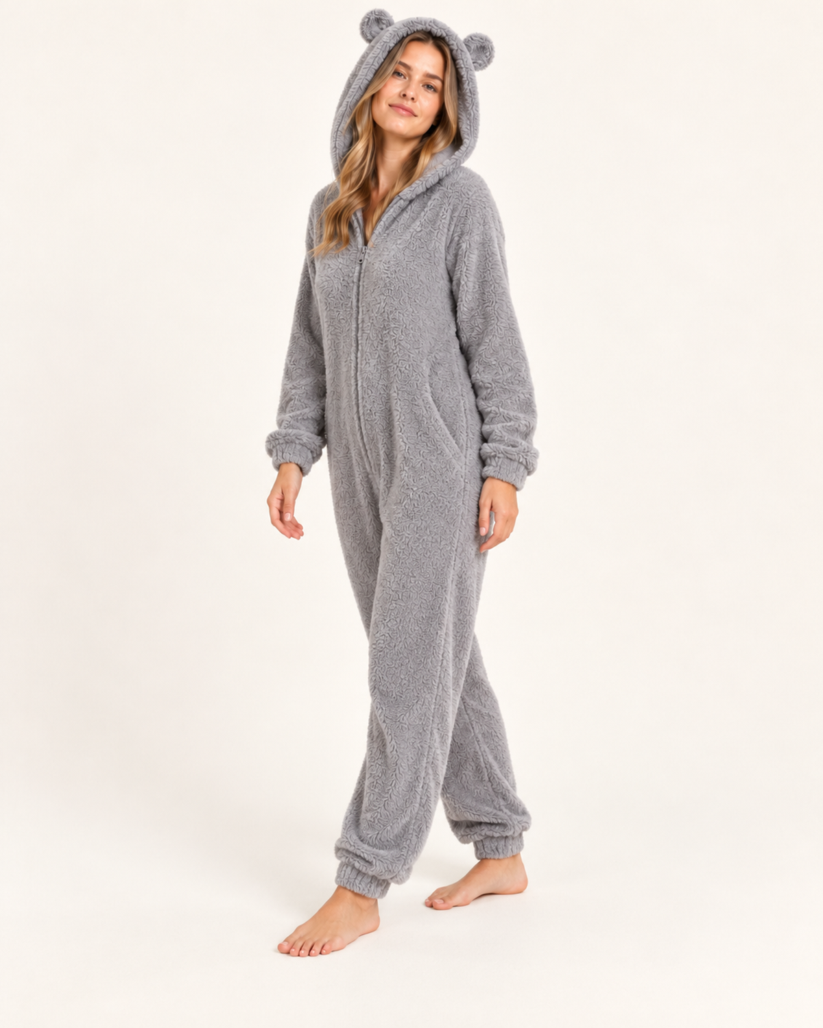 Women’s Fleece Onesie with Hood and Bear Ear Detail in Grey, full body view