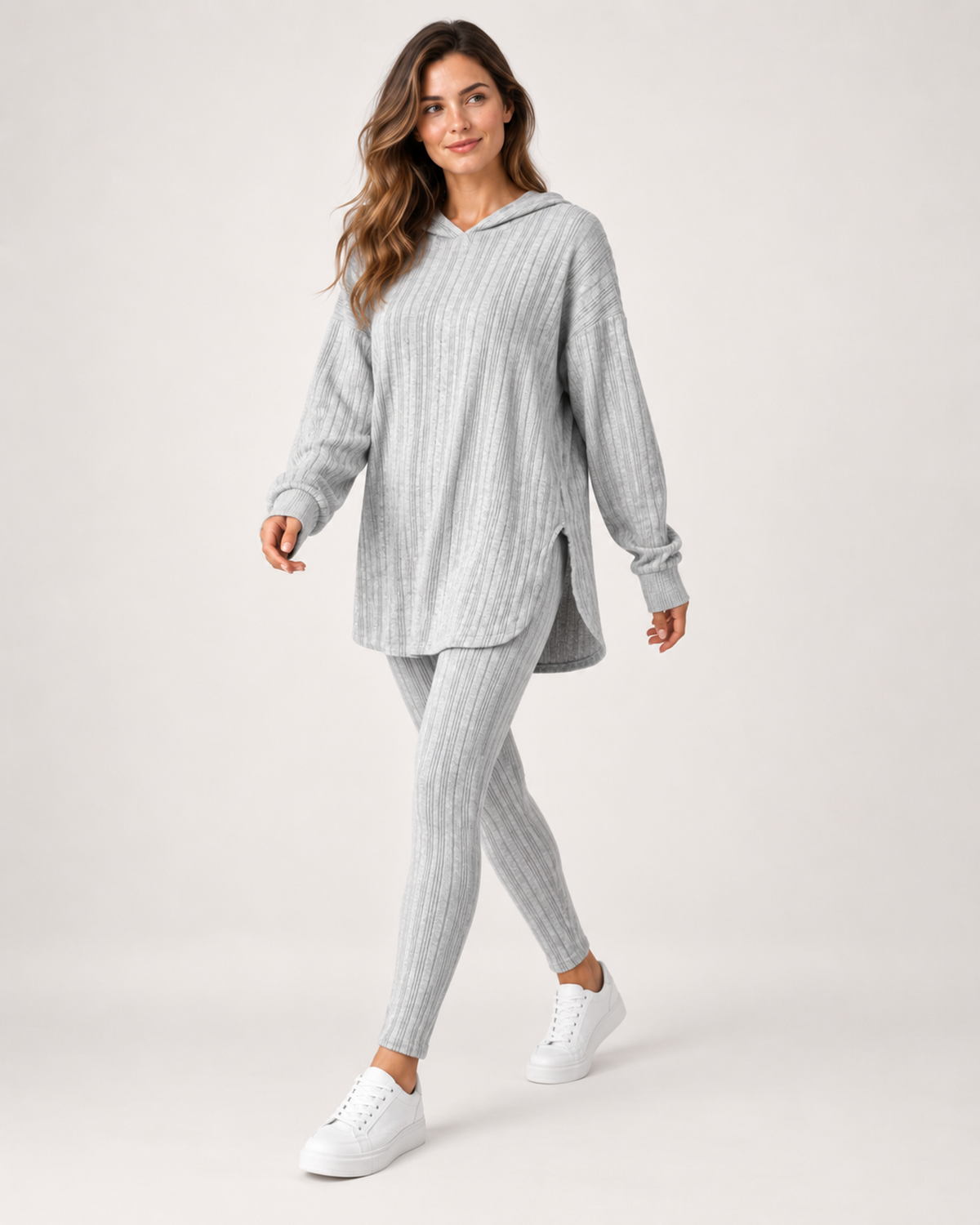 Women’s Loungewear Set with Hooded Longline Top and Leggings in Grey, full body view