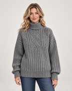 Women’s Roll Neck Jumper with Cable Knit in Grey, upper body product focus view