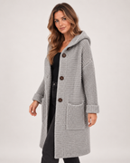 Women’s Long Hooded Cardigan with Chunky Texture in Grey, upper body product focus view