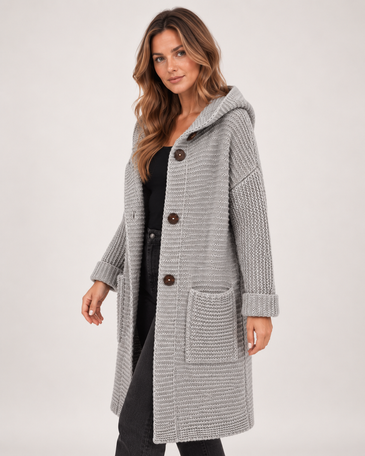 Women’s Long Hooded Cardigan with Chunky Texture in Grey, upper body product focus view