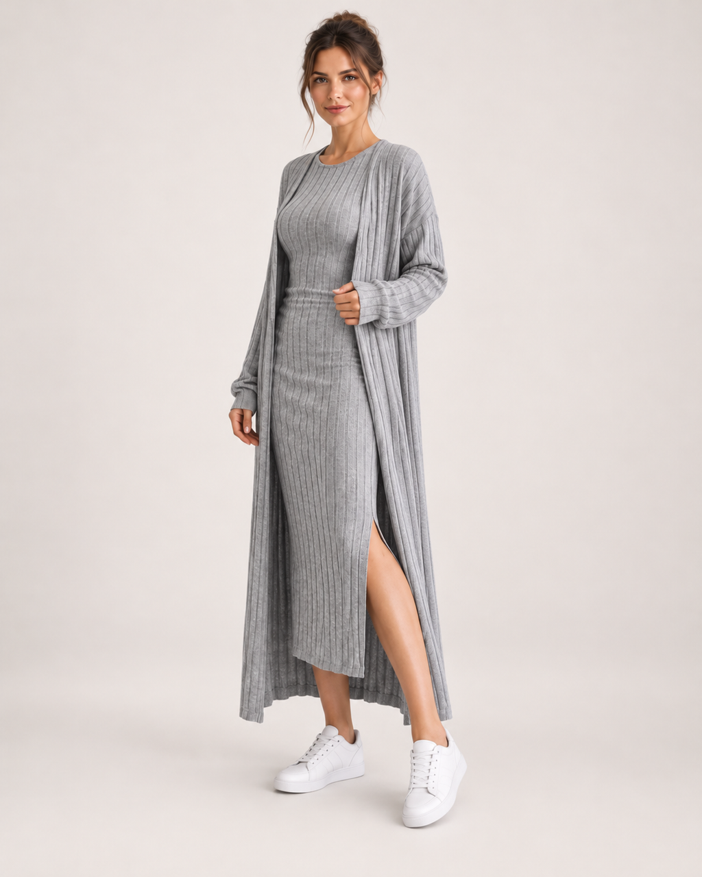 Women’s Knitted Dress Set with Long Cardigan in Grey, full body view