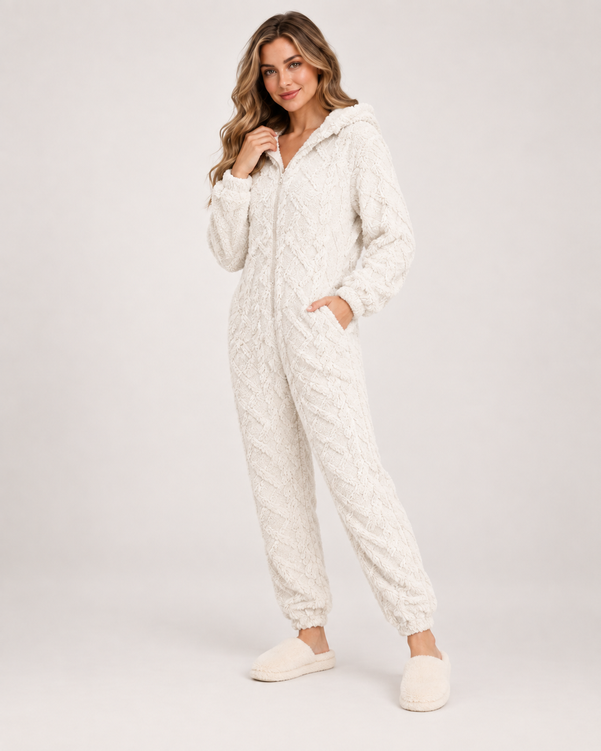 Women’s Fleece Pyjamas with Hood and Zip Front in Ivory, full body view