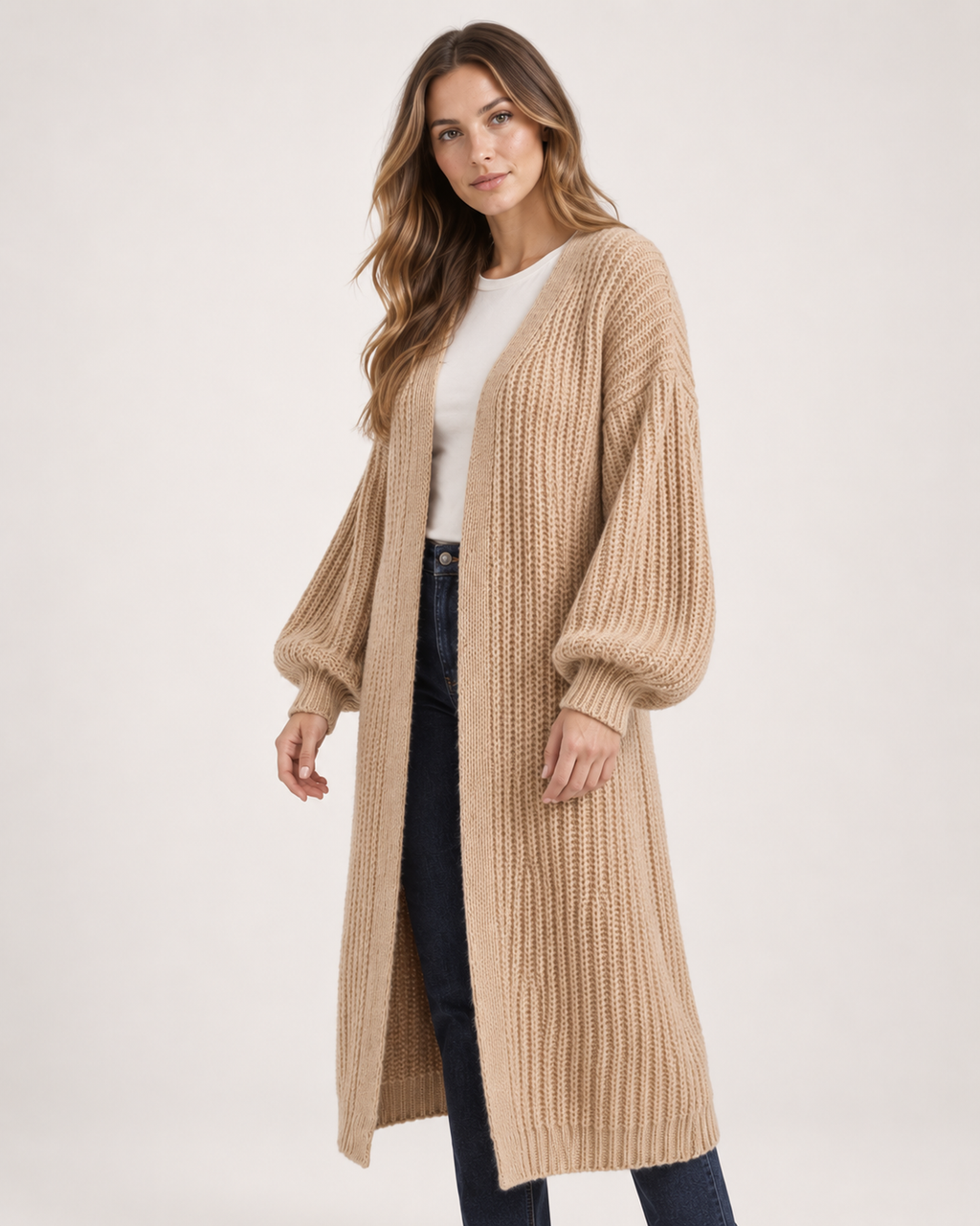 Women’s Long Cardigan with Balloon Sleeves in Khaki, full body view