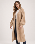 Women’s Long Cardigan with Balloon Sleeves in Khaki, full body view
