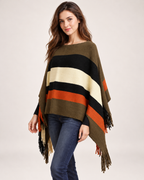 Women’s Poncho with Colour Block Design and Tassel Hem in Khaki, product led view