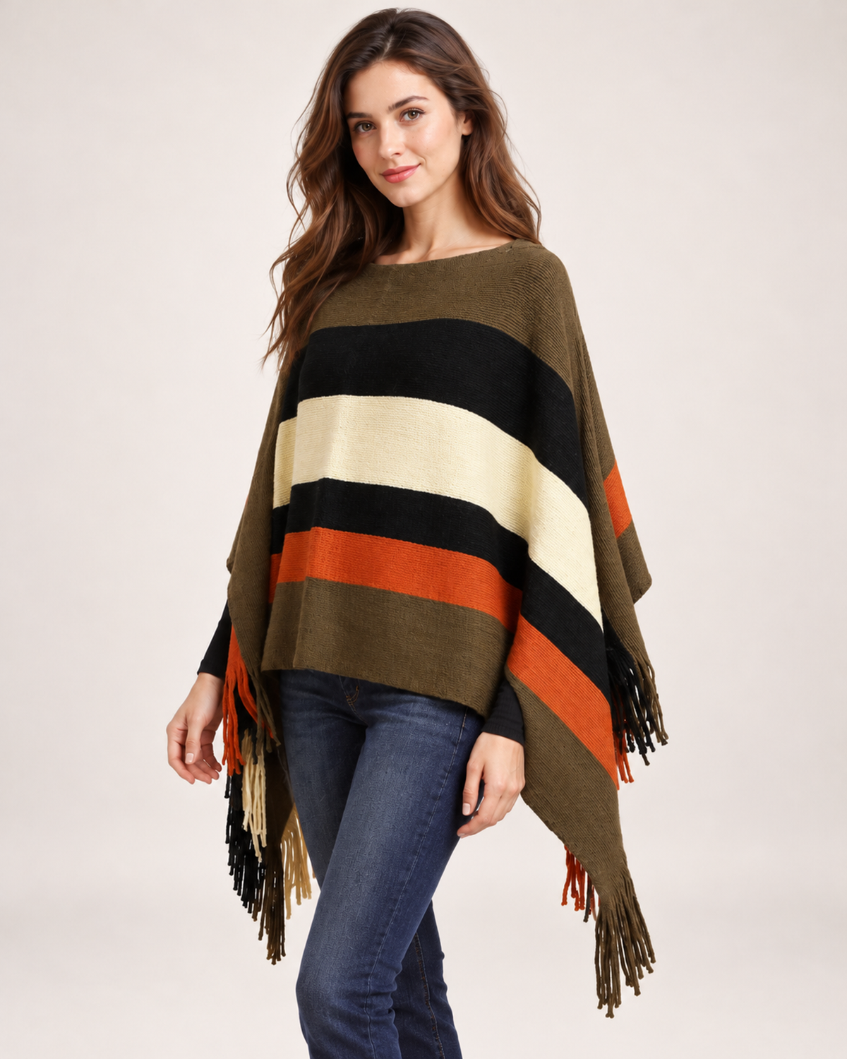 Women’s Poncho with Colour Block Design and Tassel Hem in Khaki, product led view